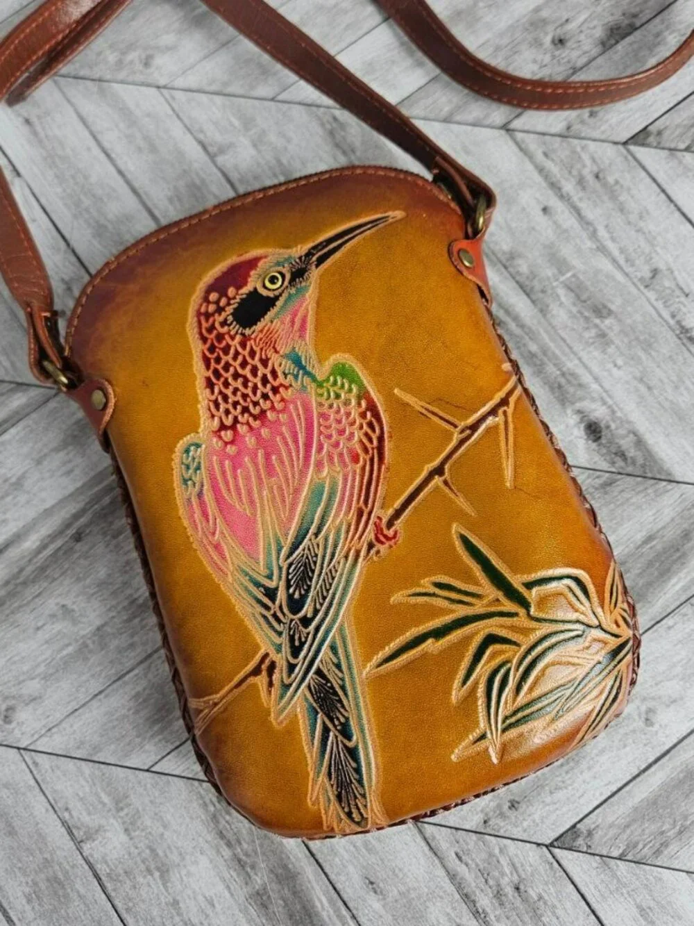 Anuschka Hand-Painted Leather Bird Shoulder Bag Crossbody Purse Small - Picture 1 of 10